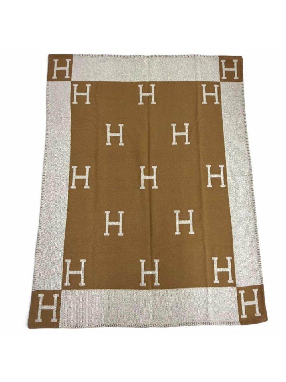 Hermes Plaid Avalon Wool Cashmere Ecru Camel Blanket